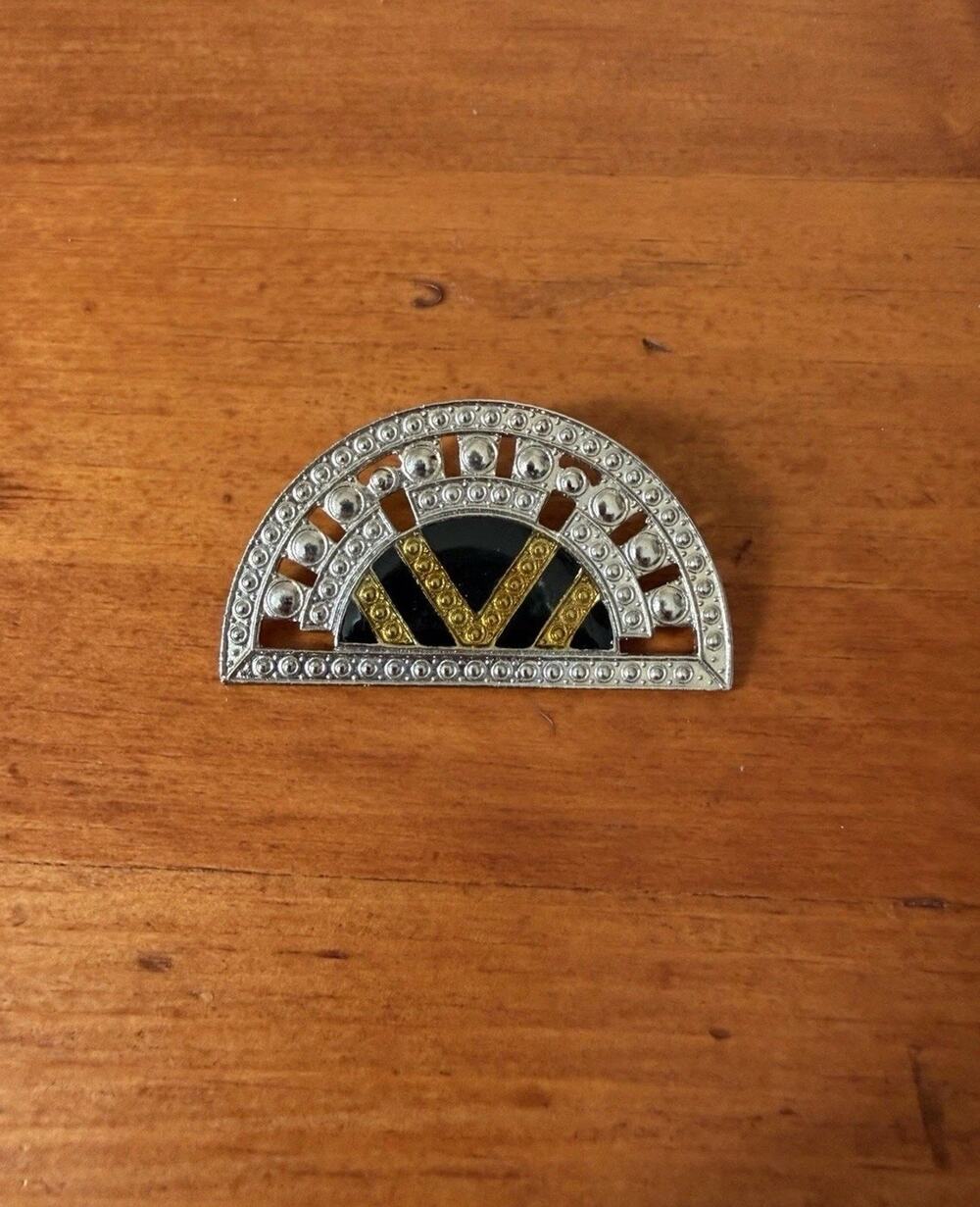 Vintage Art Deco Revival Half Circle Enamel Brooch Black Gold Geometric Pin
